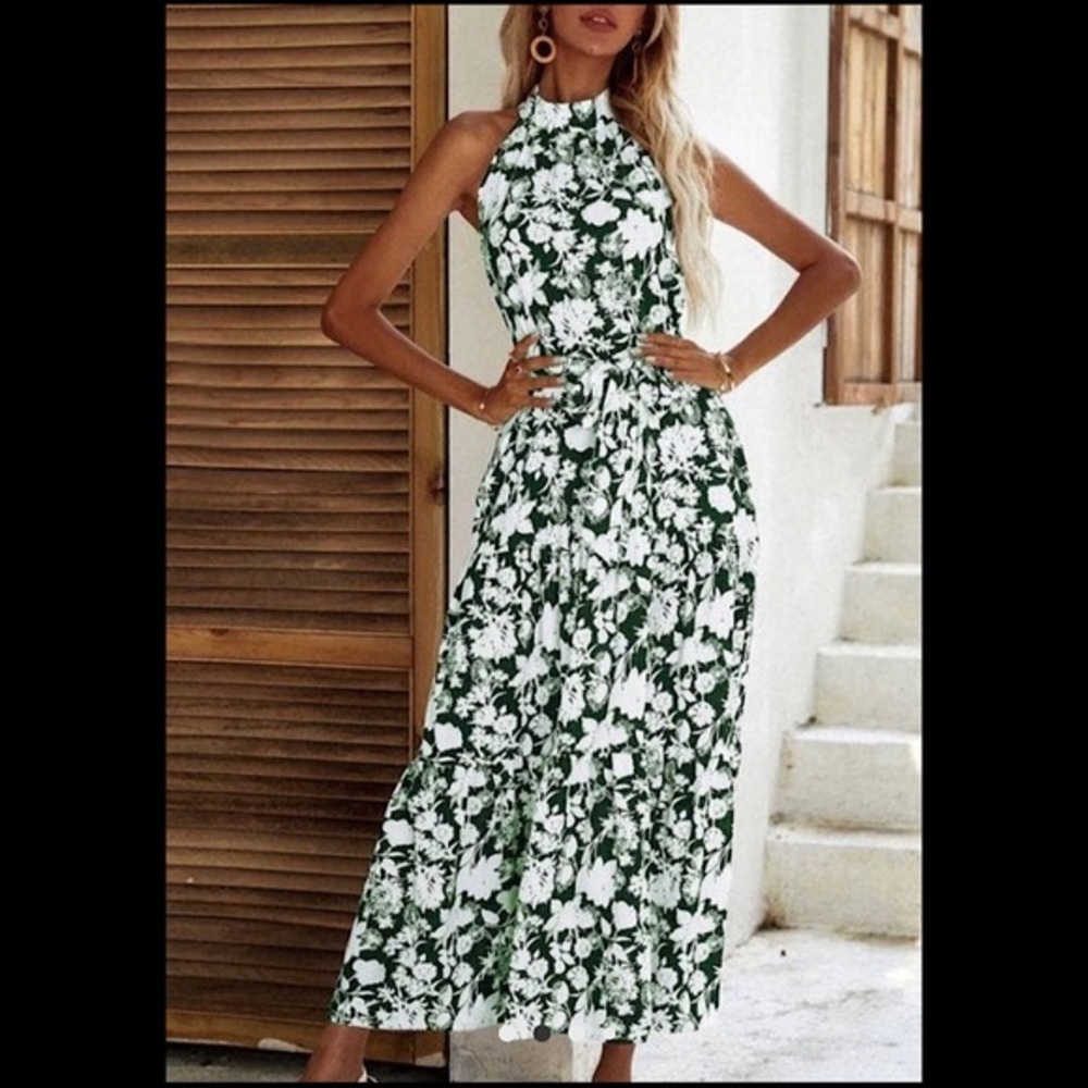 HALTER NECK GREEN FLORAL PRINT DRESS - Picture 3 of 3